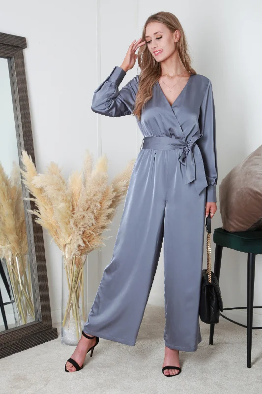 Double Second Silver/blue Lux Satin Wrap Jumpsuit Solid color jumpsuit, Sleek, Minimalist, Trendy Double Second Silver/blue Lux Satin Wrap Jumpsuit Solid color jumpsuit, Sleek, Minimalist, Trendy