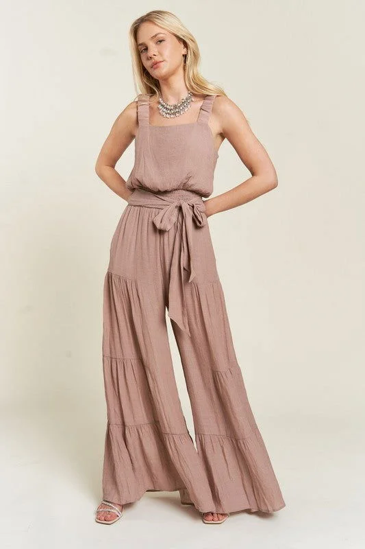 Elastic Strap Tiered Jumpsuit Plus Jumpsuit with bow, Feminine, Chic, Elegant