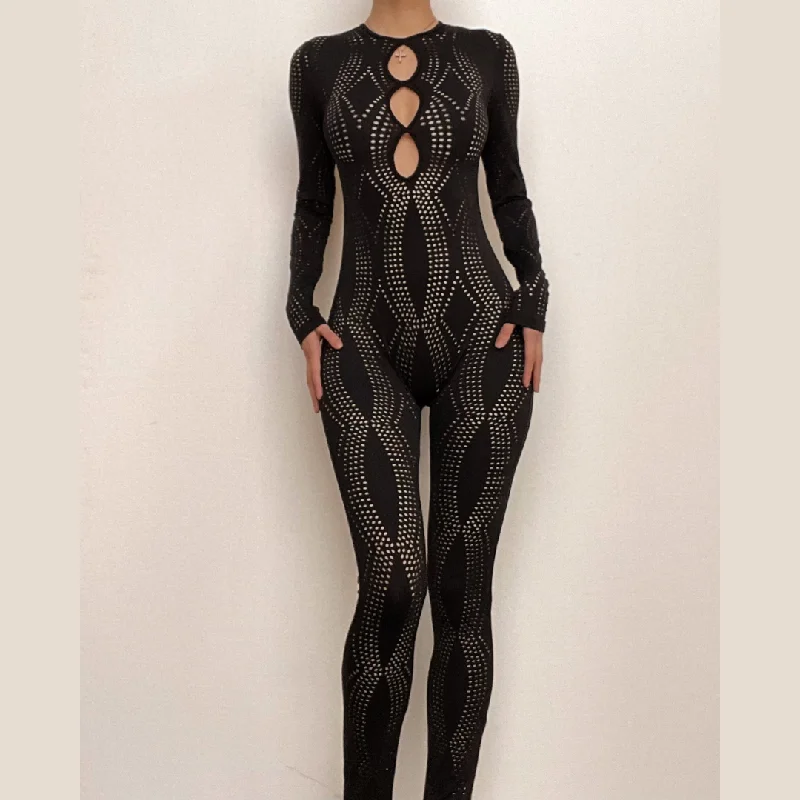 Fishnet hollow out solid long sleeve button backless jumpsuit Trendy jumpsuit, Fashion-forward, Chic, Elegant