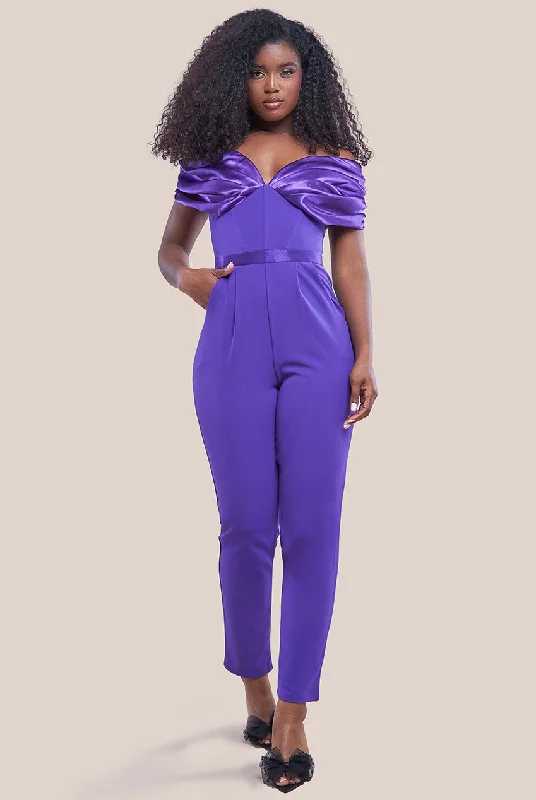 Goddiva Corset Bodice Scuba & Satin Bardot Jumpsuit - Purple Boho chic jumpsuit, Relaxed, Comfortable, Trendy Goddiva Corset Bodice Scuba & Satin Bardot Jumpsuit - Purple Boho chic jumpsuit, Relaxed, Comfortable, Trendy