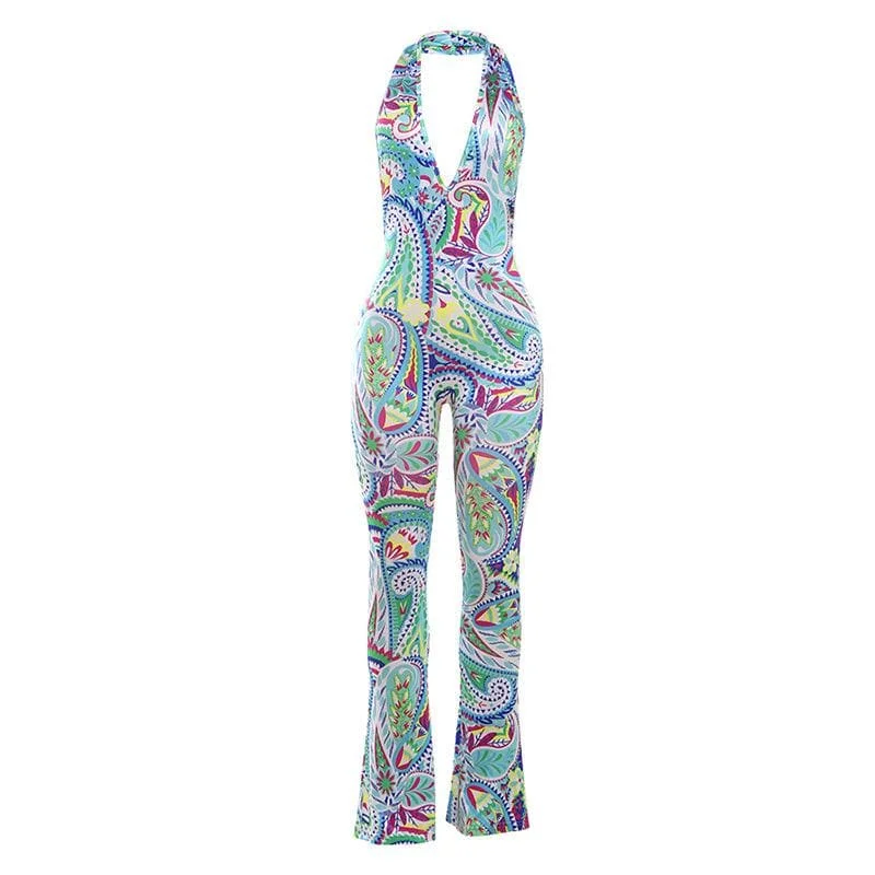 Halter deep V neck print backless contrast jumpsuit Casual chic jumpsuit, Relaxed, Comfortable, Stylish