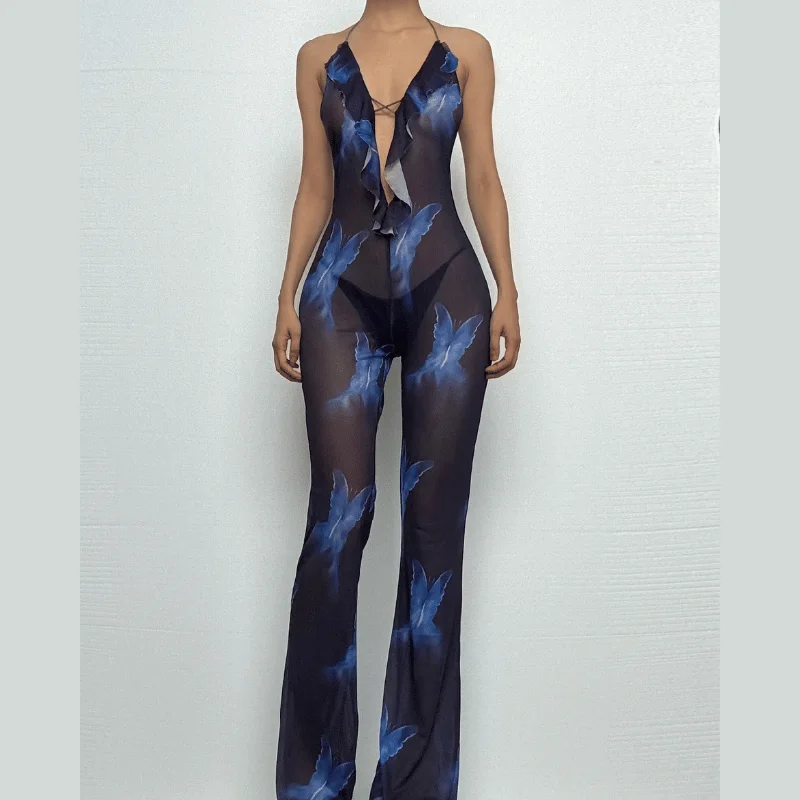 Halter ruffle sheer mesh backless print jumpsuit Wrap-around jumpsuit, Elegant, Feminine, Comfortable