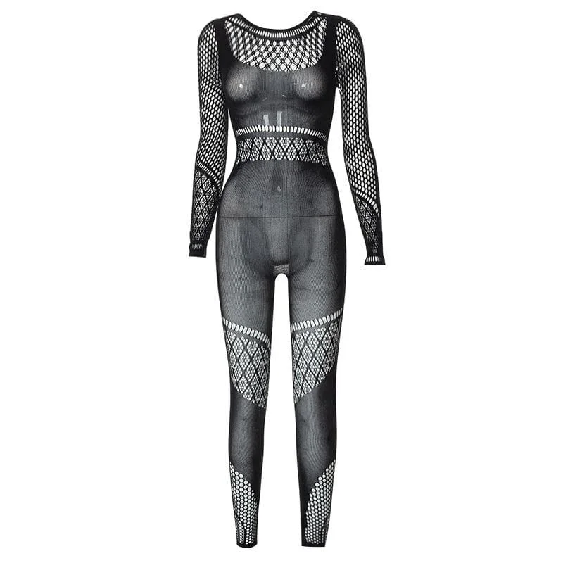 Hollow out solid fishnet long sleeve jumpsuit Vintage jumpsuit, Retro style, Fashionable, Trendy