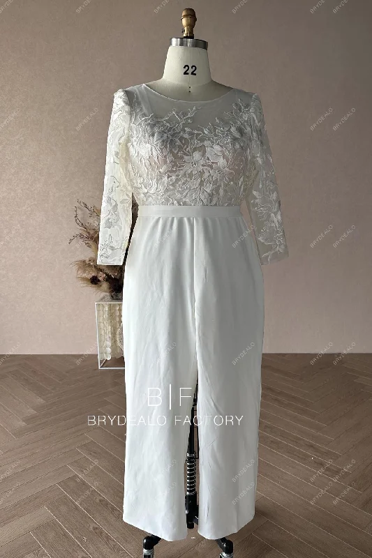 Designer Lace Sheer Long Sleeves Crepe Bridal Jumpsuit Backless jumpsuit, Sexy, Evening wear, Fashionable Designer Lace Sheer Long Sleeves Crepe Bridal Jumpsuit Backless jumpsuit, Sexy, Evening wear, Fashionable