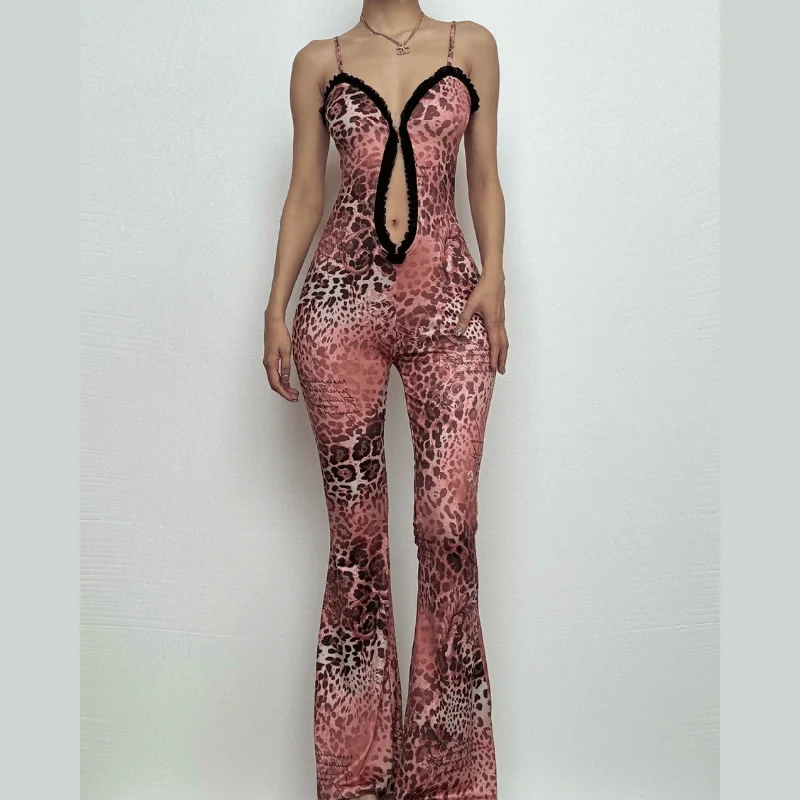 Leopard print lace hem ruffle hollow out cami jumpsuit Jumpsuit with knot, Elegant, Chic, Comfortable