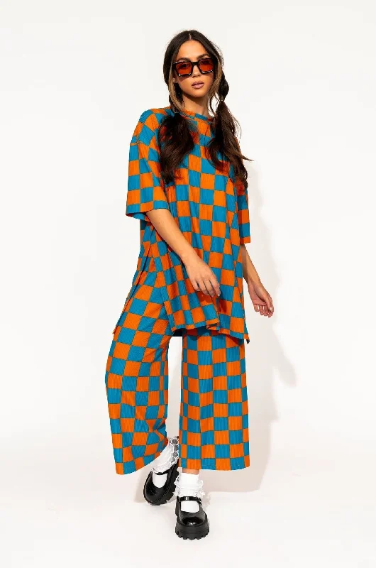 Lex Ribbed Checkerboard Playsuit in Amalfi Sunset Ruffle sleeve jumpsuit, Feminine, Elegant, Comfortable