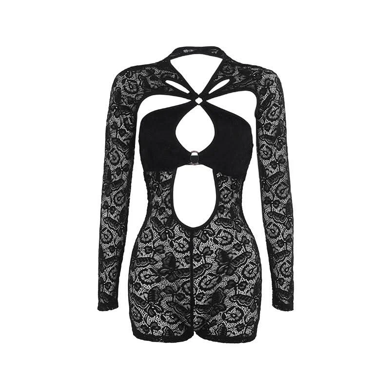 Long sleeve hollow out o ring lace backless jumpsuit Skinny leg jumpsuit, Sleek, Elegant, Trendy