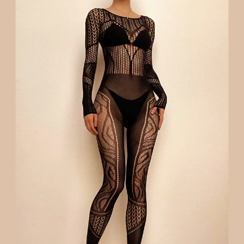 Long sleeve hollow out solid fishnet see through jumpsuit - Final Sale Minimalist jumpsuit, Sleek, Fashionable, Comfortable