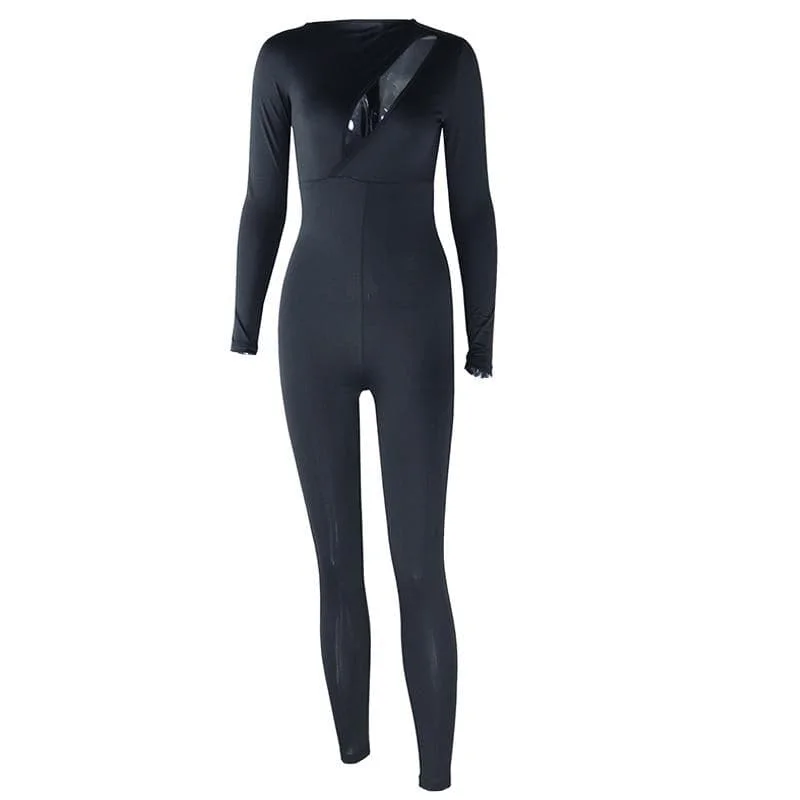 Long sleeve hollow out zip-up solid jumpsuit Slim fit jumpsuit, Tailored design, Chic, Stylish