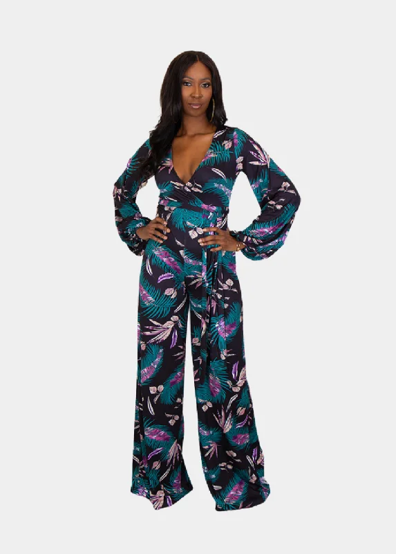 Maui Jumpsuit - Black Tropical Pleated wide leg jumpsuit, Elegant, Chic, Feminine