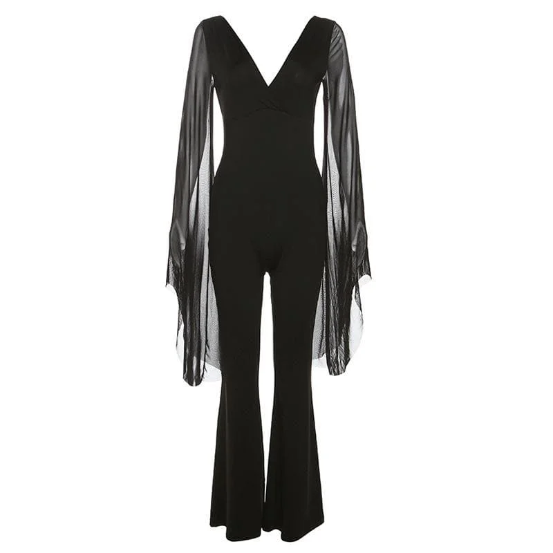 Mesh long flared sleeve v neck solid backless jumpsuit Party jumpsuit, Glamorous, Elegant, Trendy