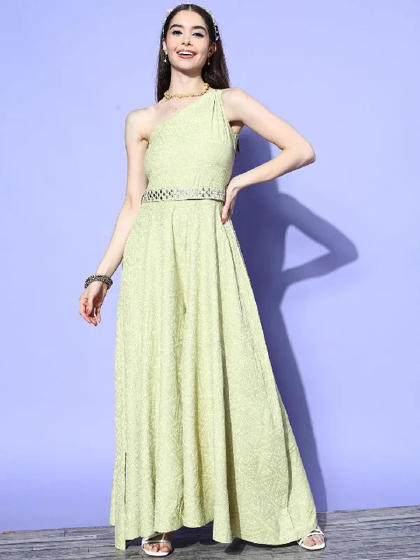 Olive Self Design Silk Jumpsuit Utility jumpsuit, Pockets, Functional, Fashionable