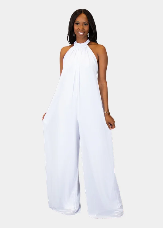 Panama Halter Wide Leg Jumpsuit - White Summer jumpsuit, Light fabric, Beachwear, Trendy