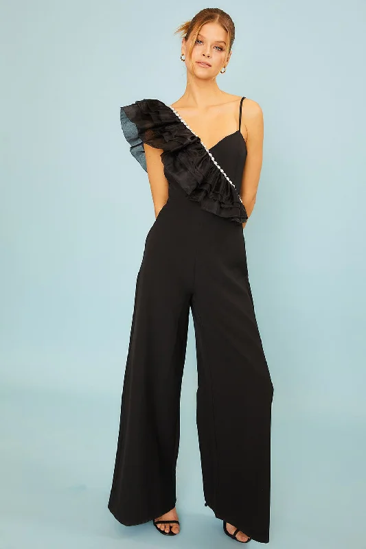 Pearl Ruffle Trim Black Jumpsuit Skirted jumpsuit, Elegant, Feminine, Chic