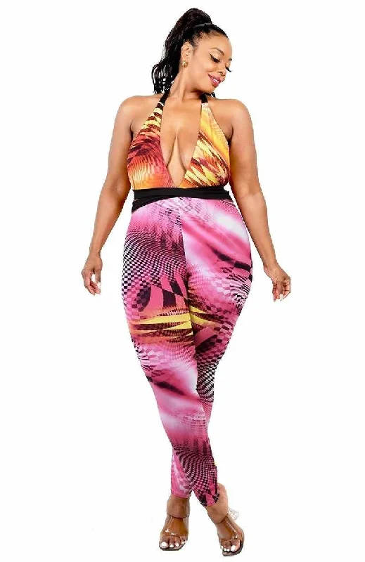 Plus Size Fuchsia/Yellow Criss Cross Mock Neck Jumpsuit Halter jumpsuit, Sexy, Casual, Comfortable Plus Size Fuchsia/Yellow Criss Cross Mock Neck Jumpsuit Halter jumpsuit, Sexy, Casual, Comfortable
