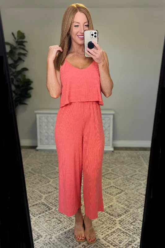 Ribbed Double Layer Jumpsuit in Deep Coral Backless wide leg jumpsuit, Sexy, Chic, Trendy Ribbed Double Layer Jumpsuit in Deep Coral Backless wide leg jumpsuit, Sexy, Chic, Trendy