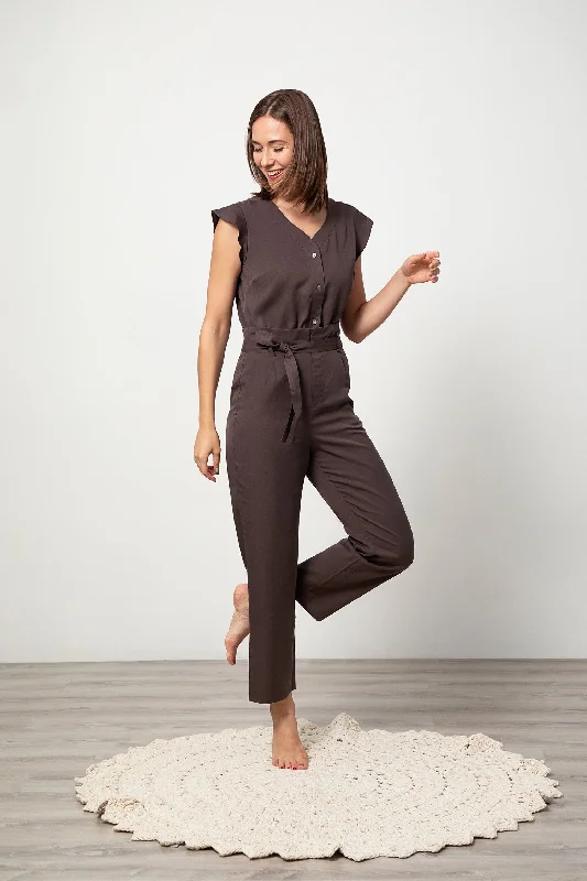 Short-sleeve Jumpsuit - Espresso Wide-leg jumpsuit, Loose fit, Chic, Comfortable