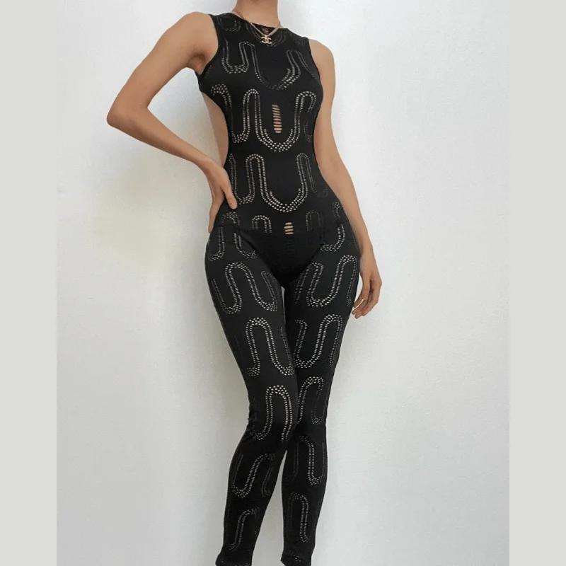 Sleeveless backless solid crewneck hollow out jumpsuit Cozy jumpsuit, Comfortable, Relaxed, Casual