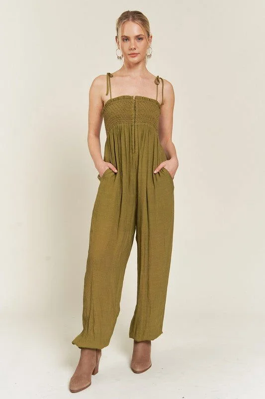 Smocked Tie Strap Jumpsuit Plus Black jumpsuit, Sleek, Formal wear, Fashionable