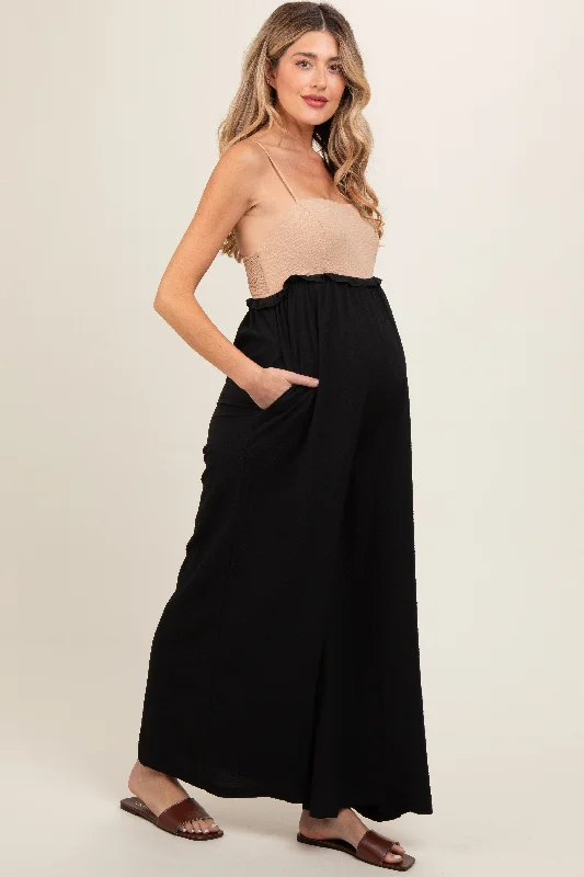 Taupe Colorblock Sleeveless Maternity Jumpsuit Boho jumpsuit, Relaxed fit, Trendy, Stylish