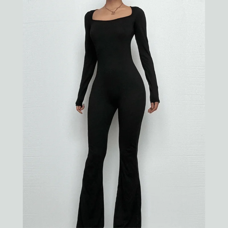 U neck long sleeve backless jumpsuit Black jumpsuit, Sleek, Formal, Nightwear