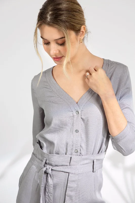 V-neck Jumpsuit - Grey Pearl Loose jumpsuit, Comfortable, Casual, Trendy