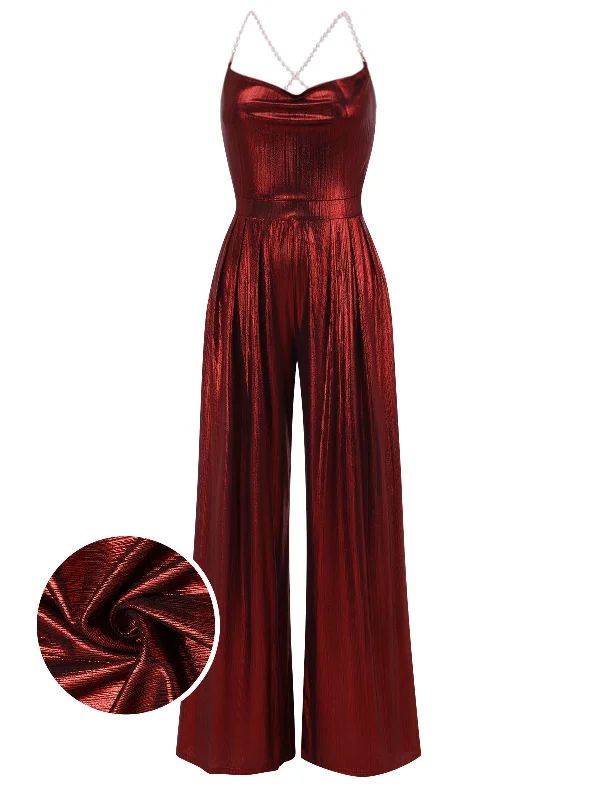 Wine Red 1970s Solid Metallic Strap Jumpsuit Bohemian print jumpsuit, Relaxed, Comfortable, Trendy Wine Red 1970s Solid Metallic Strap Jumpsuit Bohemian print jumpsuit, Relaxed, Comfortable, Trendy