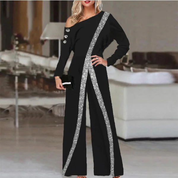Women Elegant Graphic Print Wide Leg Oblique Off Shoulder Long Sleeve Jumpsuits Deep V jumpsuit, Sexy, Trendy, Night out Women Elegant Graphic Print Wide Leg Oblique Off Shoulder Long Sleeve Jumpsuits Deep V jumpsuit, Sexy, Trendy, Night out